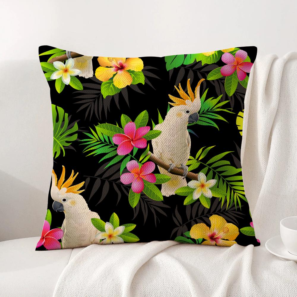Tropical Parrots Flowers Palm Leaves Cushion Cover Natural Linen Organic Fabric DoubleSided Printing Breathable Perfect Decor