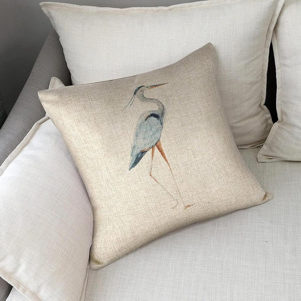 Linen Throw Pillow Covers Blue Egret on Coastal 18x18 Decorative Pillows for Bed Couch Cushion Sofa Outdoor