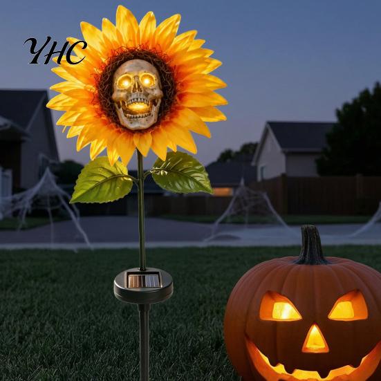 Weather Resistant Courtyard Stakes Solar Garden Stake Light, Gothic Skull And Sunflower Outdoor Statue Lamp, Day of The Dead Decoration Waterproof LED