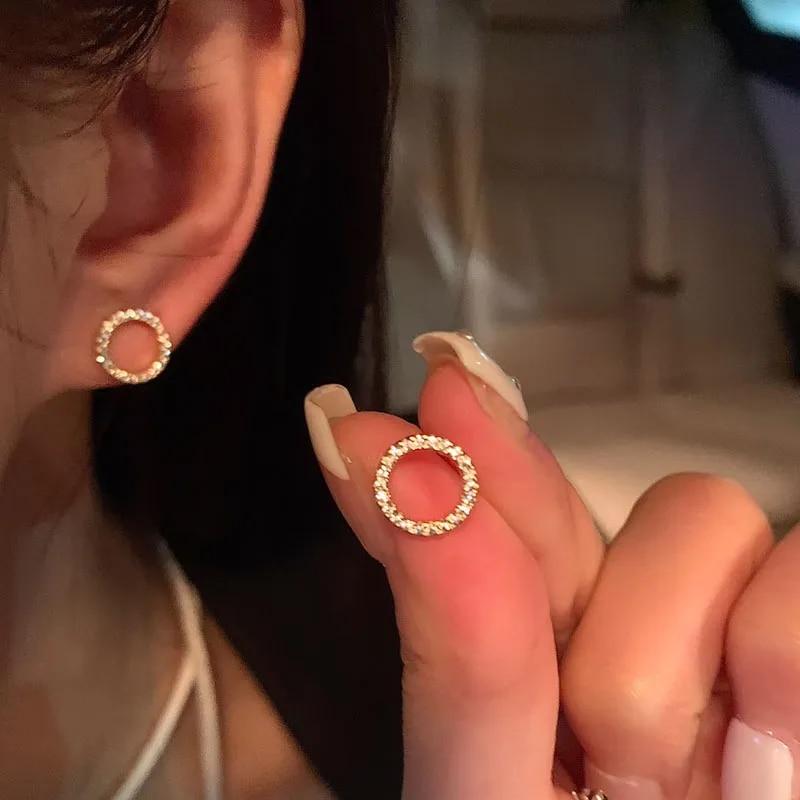 Delicate Small Circle Stud Earrings for Women Korean Fashion Earring Crystal Minimalist Jewelry Accessories