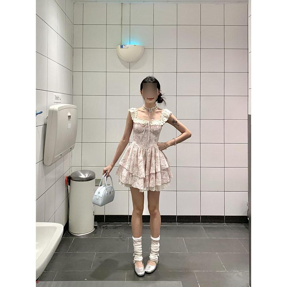 Французское маленькое платье с рукавами-крылышками, нежное цветочное платье с завышенной талией, женское летнее супер фея, милое платье принцессы на бегу, торт-пачка