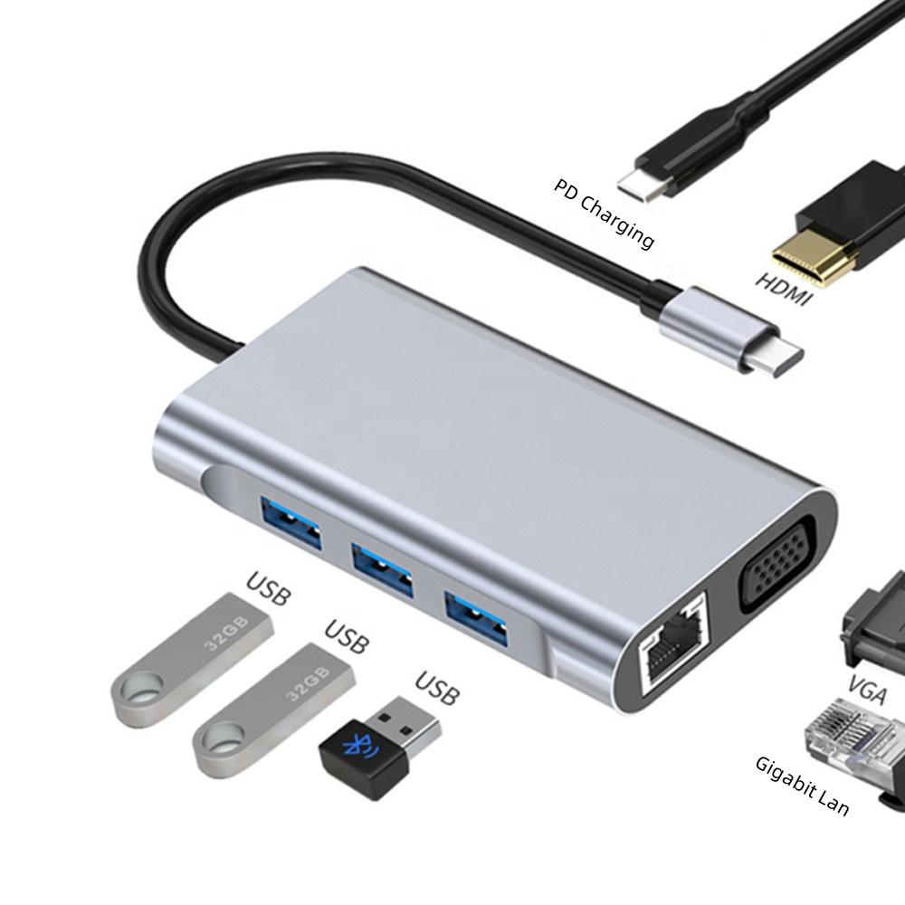 7 in 1 USB Type C Adapter Hub Dock with 3 USB 3.0 Ports HDMI VGA Gigabit Ethernet and PD Charging for Macbook Pro , IPad Pro Etc