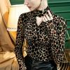 High Neck Mesh Backing Shirt Women's Hollow Leopard Print Long Sleeve Spring and Autumn Top Shirt