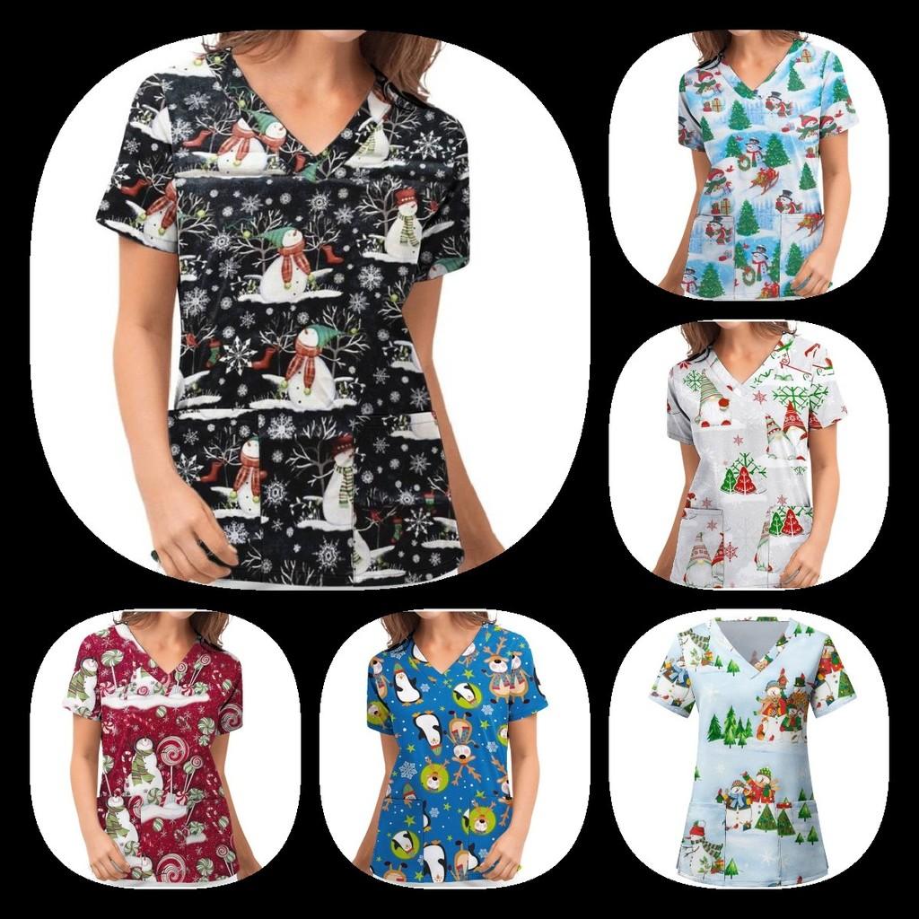 Женские рождественские скрабы с принтом, униформа, медицинские топы, рубашка с цветами, одежда