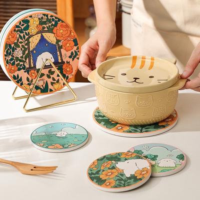 Керамические подставки под стаканы с изображением щенка из мультфильма, круглые, теплоизоляционные, водонепроницаемые, коврики для кастрюль и сковородок, милые, утолщенные, нескользящие, бытовые салфетки