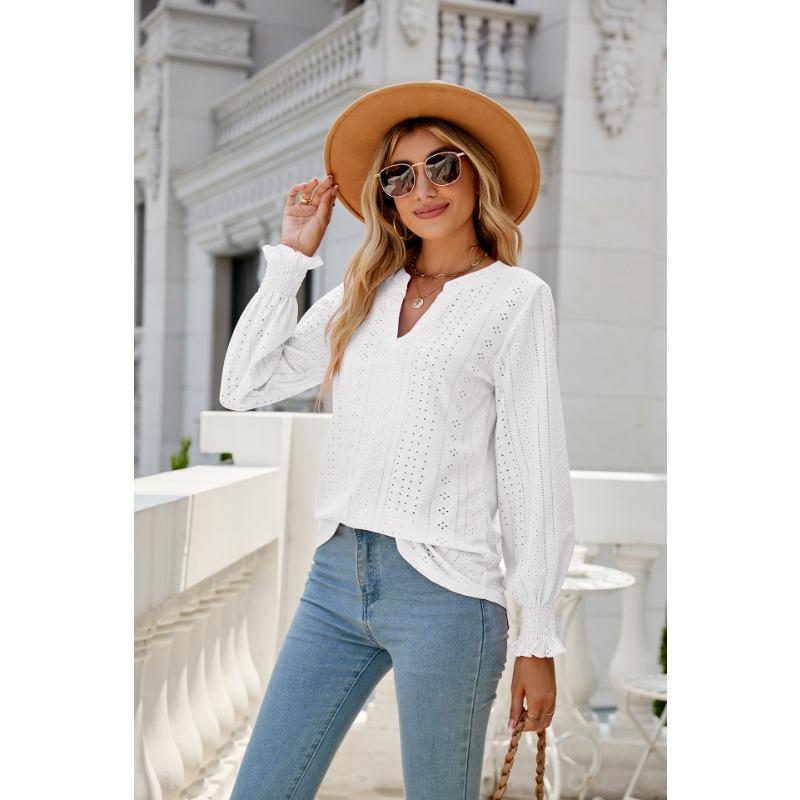 Осенняя новая модель женской повседневной рубашки с полым плиссированным рукавом-рюшем и V-образным вырезом, модный розовый элегантный женский топ с длинным рукавом