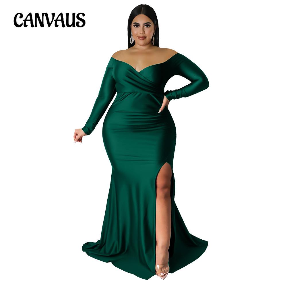 Spring and Autumn Women's Dress Plus Size Sexy Dress V-Neck Ceremony Dress Solid Color Split Long Dresses