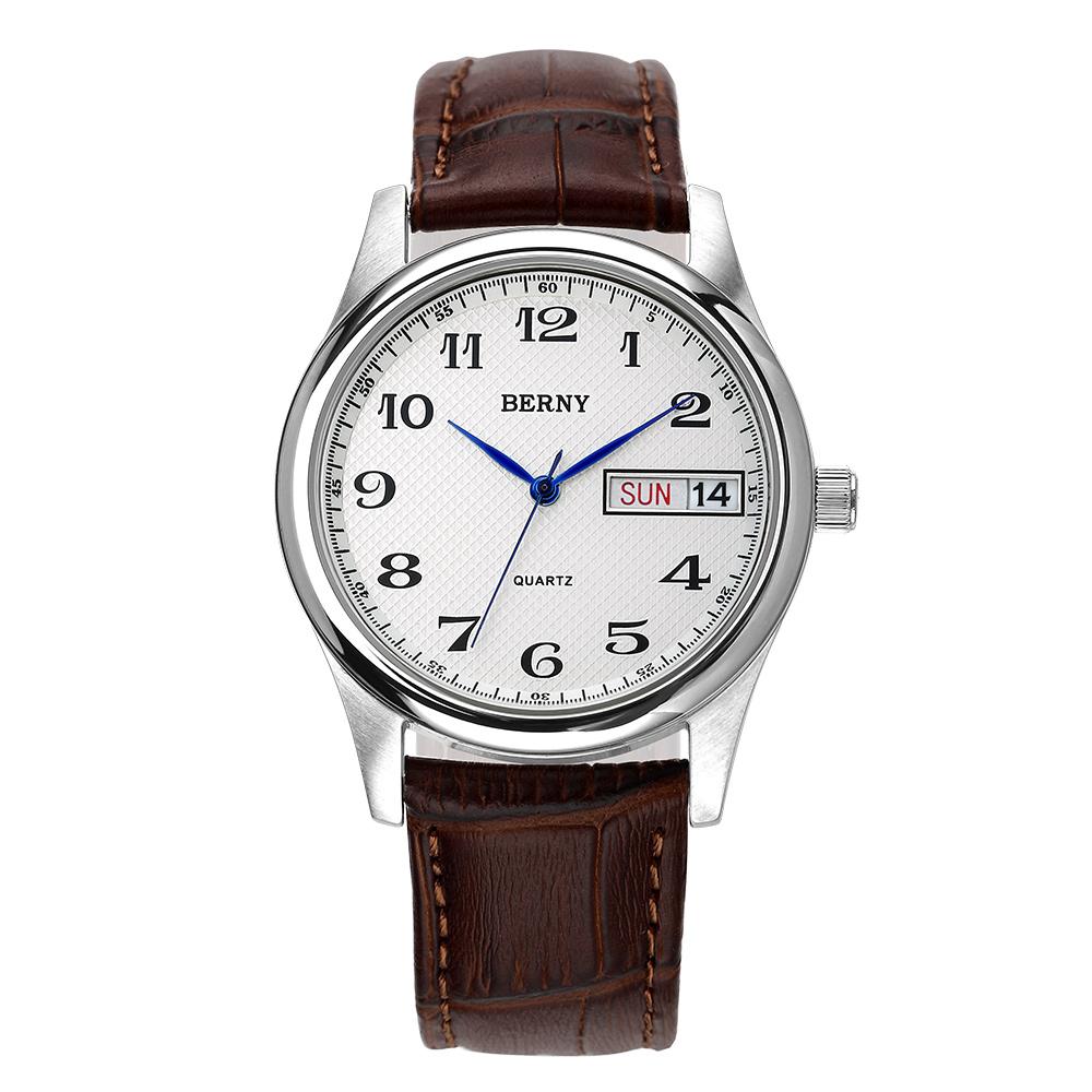 BERNY Men's Watch Quartz Day Top Calendar Wristwatch Waterproof Blued Steel Hands Arabic Numerals Easy Read Relogio Masculino