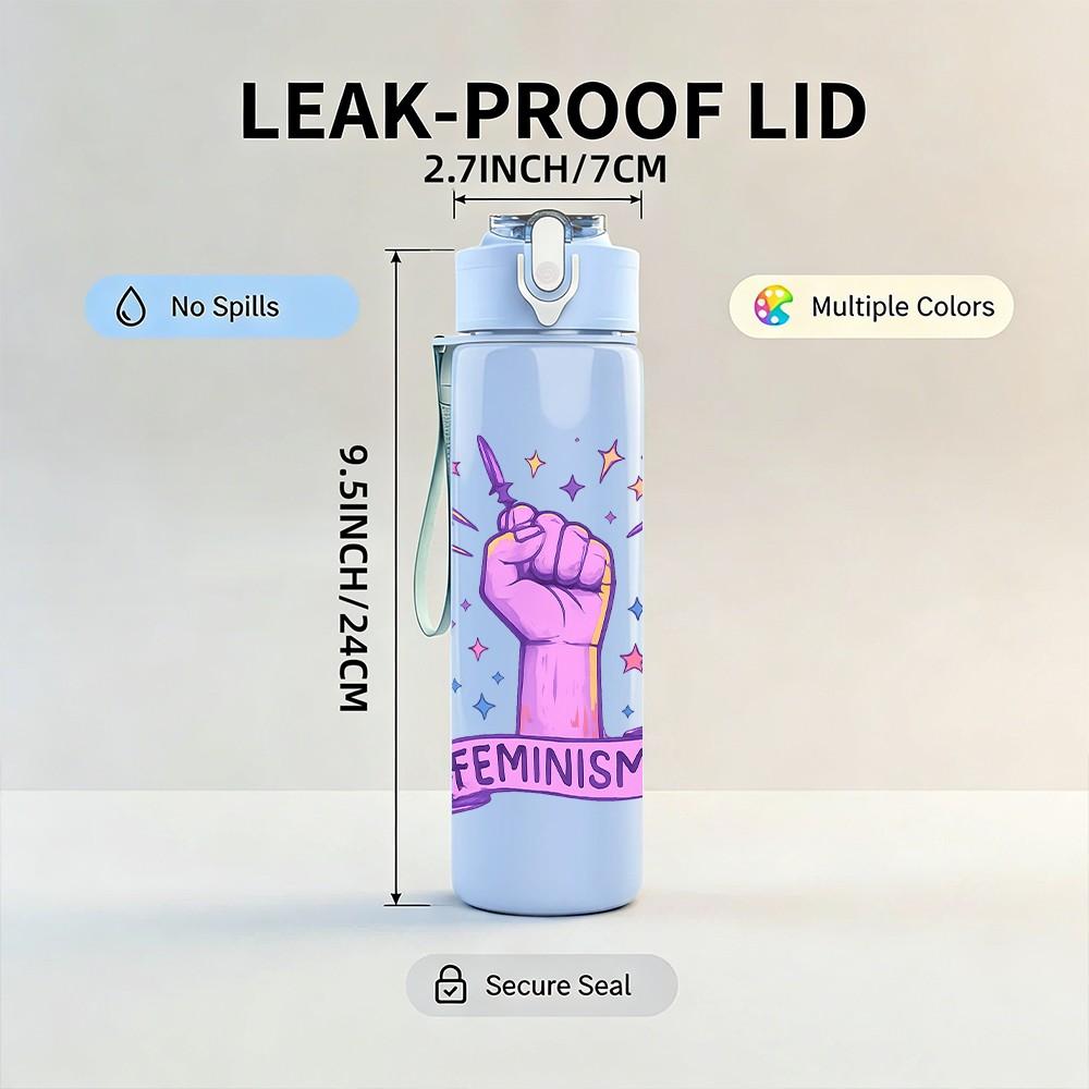 1PC Feminist Fist Letter Print 750ml Color Plastic Sports Water Bottle Leakproof Flip Straw Lid Suitable for Sports Office Home Use