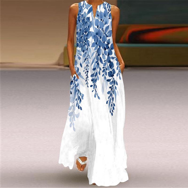 2026 New Summer Women's Sleeveless V-Neck Printed Sexy Dress Long Dress European and American Women's Clothing