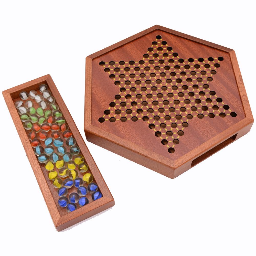 Checker Glass Marbles Wooden Tabletop Game, Chess, Card Game, Competitive Puzzle Toy with Drawer-style Storage.