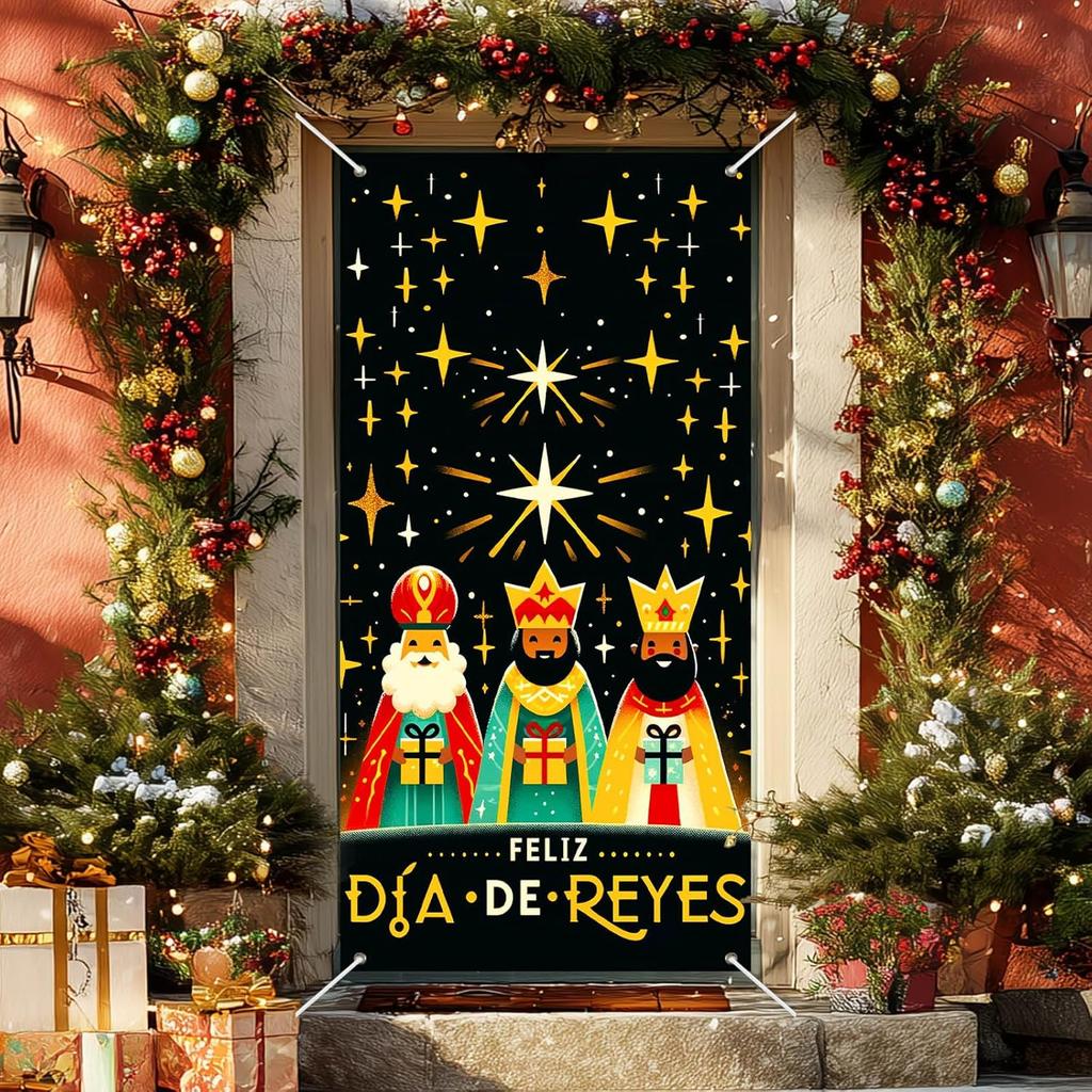 Feliz Dia De Reyes Door Cover 35x71 Inch Three Kings Day Porch Banner Epiphany Decorations Wise Men Celebration Backdrop for Home Office For Girls or