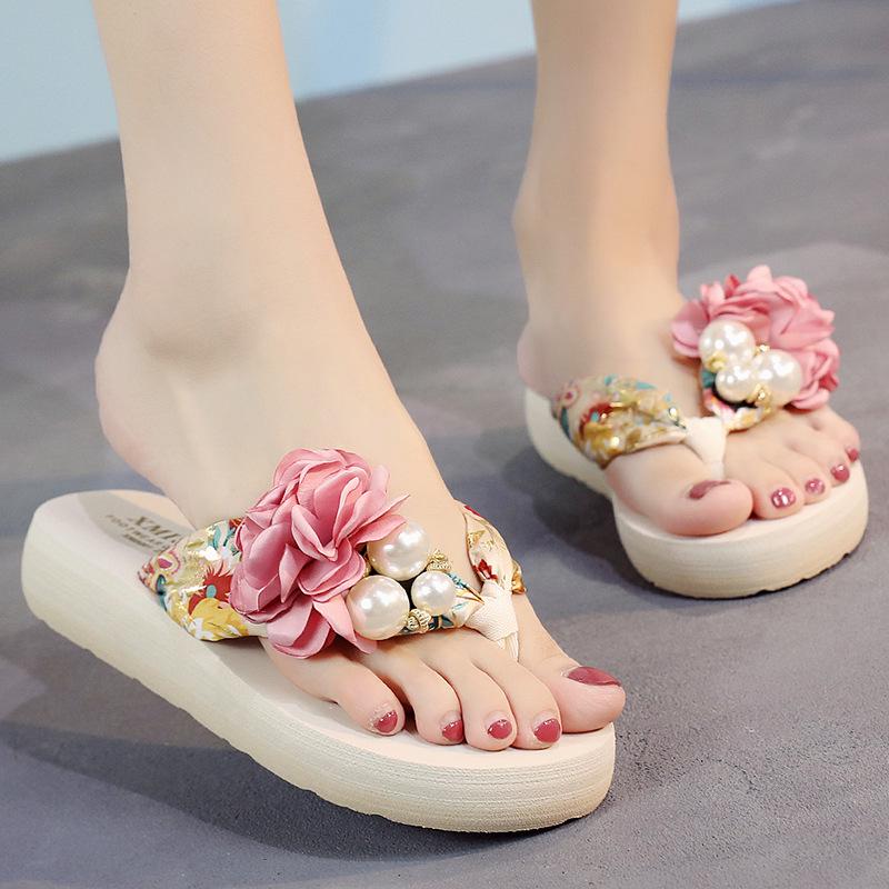 Summer Beach Flip Flops Women's Sandals Handmade Flowers Casual Clip Flat Sandals Slippers Outside Wearing Women's Shoes