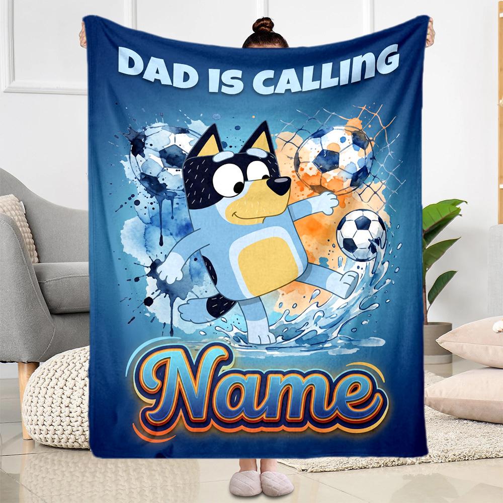 Soccer Fun Bluey Personalized Name Blanket Lightweight Customizable Blanket Comfortable Throw For Bedding Couch Home Decor Sofa All-Season Use