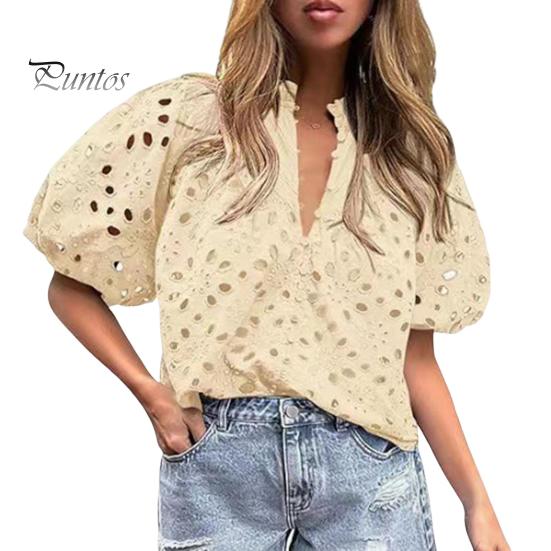 Женская рубашка с воротником-стойкой и V-образным вырезом, коротким рукавом, ажурным вышитым цветочным узором, кружевная блузка, повседневные нарядные топы