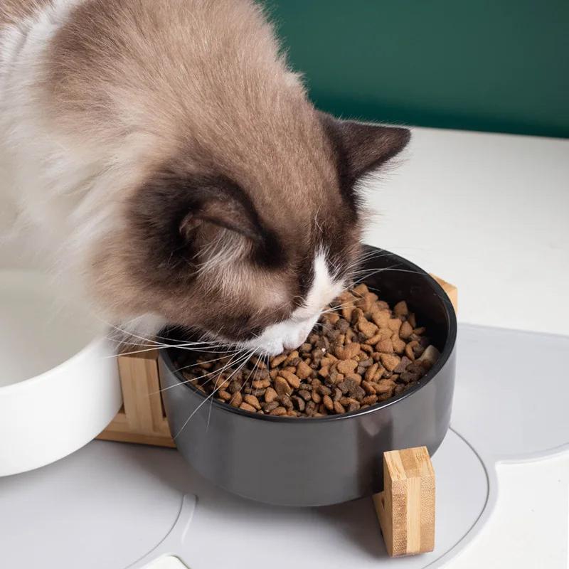 Pet Ceramic Double Bowl with Wooden Frame - Anti-Slip Cat Dog Food and Water Dish, Non-Spill Pet Feeding Supplies