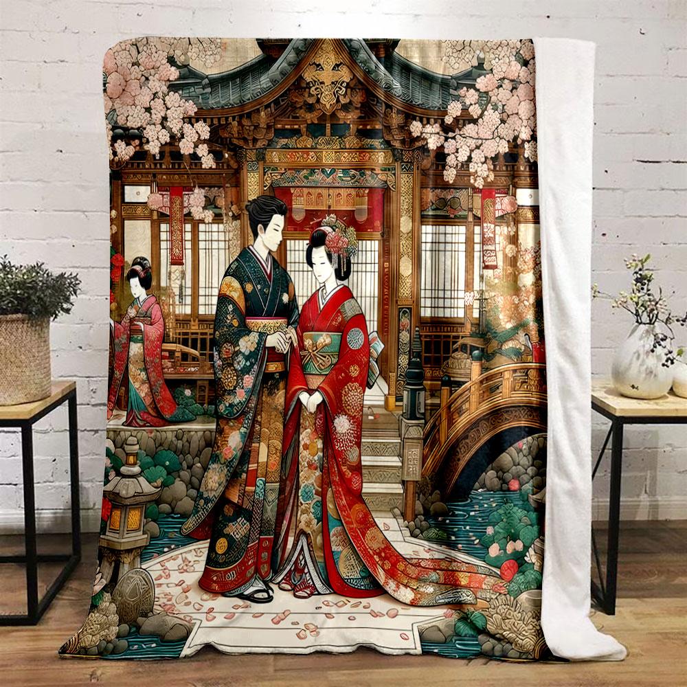 Japanese Kimono Couple in Cherry Blossom Garden print blanket soft and cozy perfect for the living room bed sofa or a nap,gift