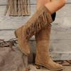 Women's Large Denim Tassel Knight Boots - Mid-Heel, Knee-Length (2024 Autumn/Winter Collection)