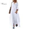 Spring Summer Women Dress Plus Size Loose Pure Color Single-breasted Pockets V Neck Long Sleeves Split Hem Soft Breathable Casual Ankle Length Maxi