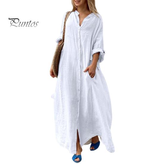 Spring Summer Women Dress Plus Size Loose Pure Color Single-breasted Pockets V Neck Long Sleeves Split Hem Soft Breathable Casual Ankle Length Maxi