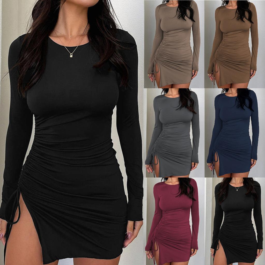 Женское сексуальное облегающее однотонное платье-халат с длинным рукавом и круглым вырезом на завязках