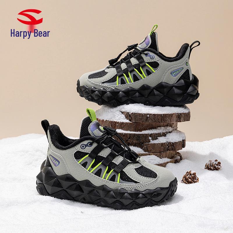 Happy Bear Plush-Lined Boys' Winter Cotton Sports Shoes - Lightweight, Cold-Resistant, Two-Layer Outdoor Running Shoes