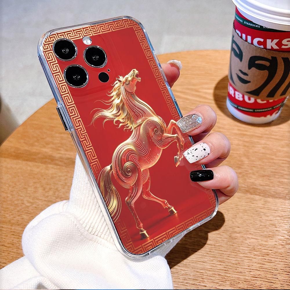Прозрачный чехол для телефона 'Золотая Лошадь на Красном Фоне' для IPhone 14 15 16 13 12 11 17 Pro Max 12 13 Mini Мягкая Крышка