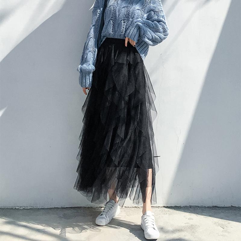 Women Tulle Cake Mesh Skirts Elegant Elastic Waist Fairy Long A-line Tutu Skirt For Spring Summer