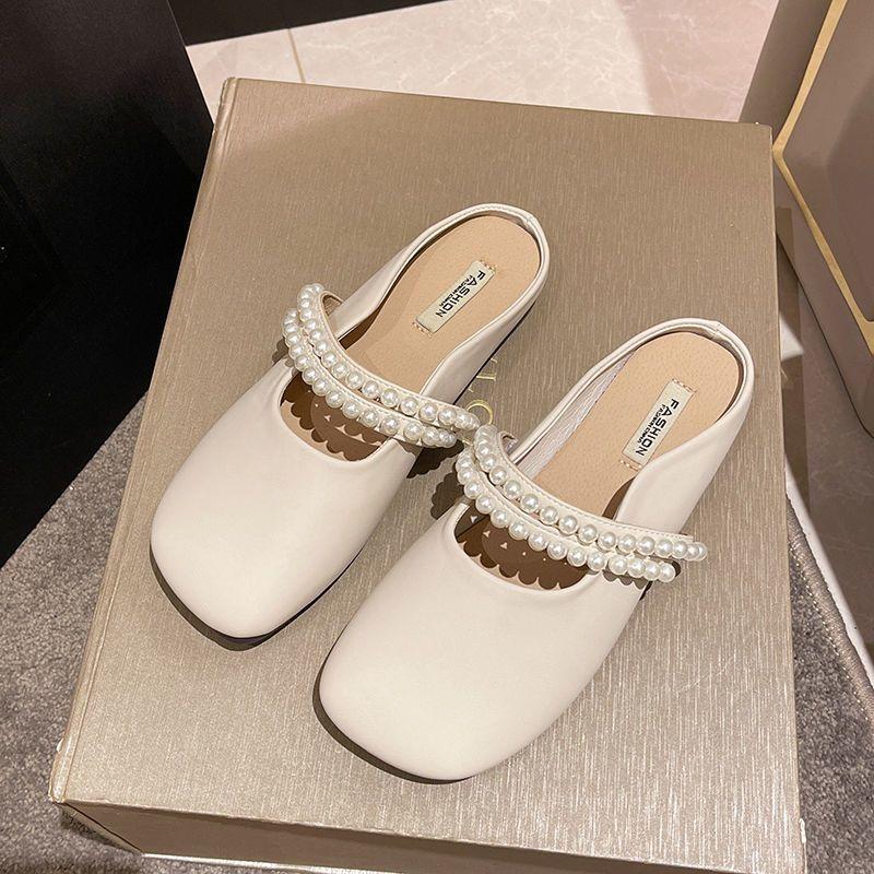 Baotou Half Slippers Women Spring Summer Wear 2025 New Internet Celebrity Pearl Fashion Soft Bottom Fairy Wind Cool Slippers