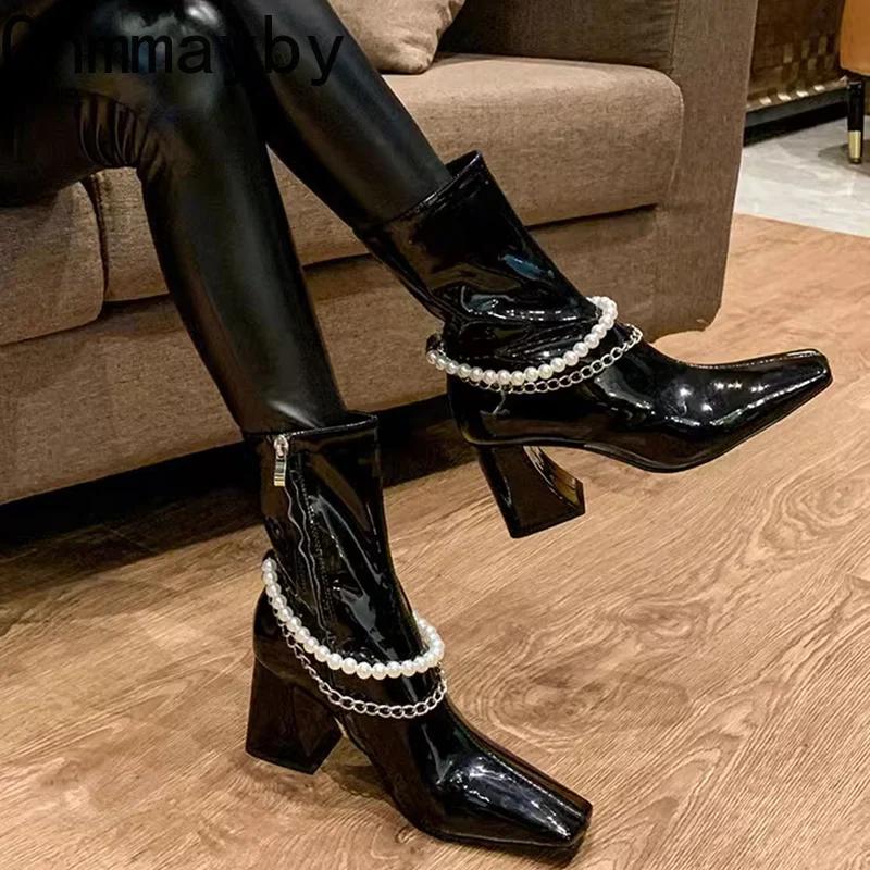 Женские сапоги Morder на толстом каблуке, модные туфли с боковыми молниями, осень-зима, квадратные женские короткие сапоги на высоком каблуке