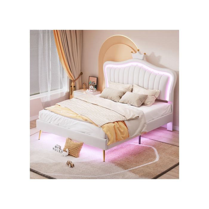 Lit d'enfant - MUVOE - 140 x 200 cm - Cuir PU blanc - Éclairage LED - Design coquillage