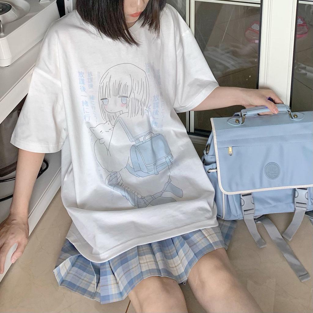 Japanese Kawaii Anime T Shirts Women Sweet Couples Cute Cartoon Print Tshirt Tees White Tops Summer