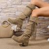 Fashion Sexy Tassel Suede Long Western Cowboy Boots Women 2025 Winter Thick Heel Knee High Boots Retro Khaki Medium Heel Shoes Plus Size