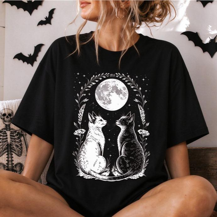 Vintage Celestial Cat Moon T Shirt Unisex Unisex Gothic Witchy Black Cat Print Casual Short Tee Cotton Sleeve Harajuku Y2k Top