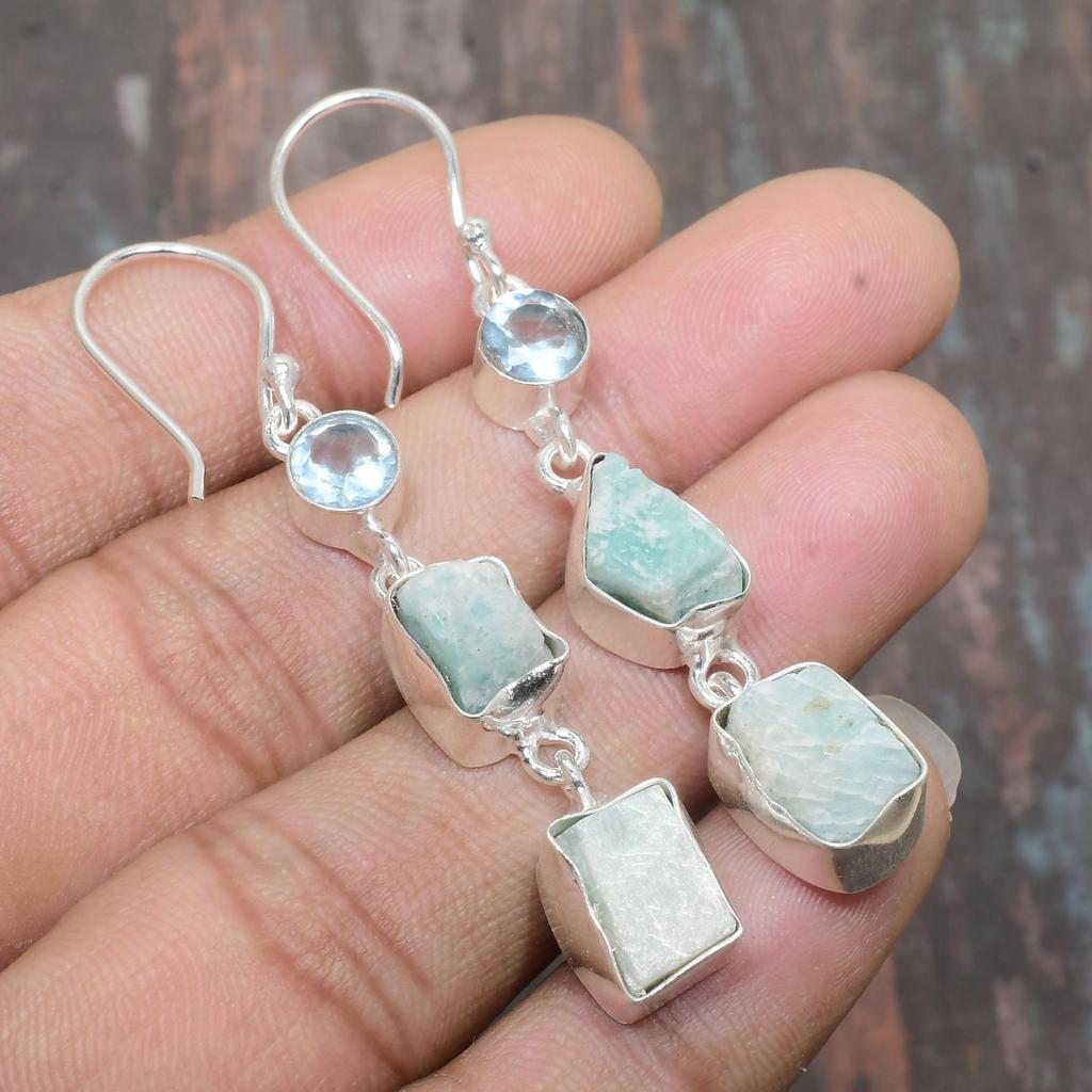 Amazonite Rough, Blue Topaz Gemstone Solid 925 Sterling Silver Handmade Jewelry Earring For Her