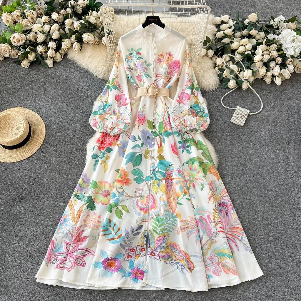 Plus Size Elegant Floral Print Holiday Beach Long Maxi Robe Dresses Women Spring Summer Stand Lantern Sleeve Sashes Robes