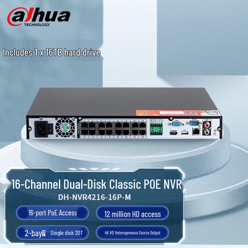 16-канальный сетевой видеорегистратор Dahua с 2 отсеками для HDD и поддержкой PoE (NVR) Китайская вилка (адаптер в комплекте)