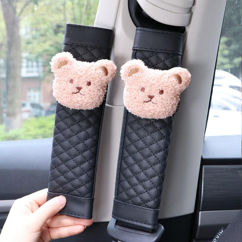 1pc Cute Cartoon Bear Car Seatbelt Cover Leather Seat Belt Harness Cushion Auto Shoulder Strap Protector Pad for Children Kids