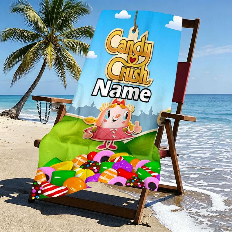 Custom Name Personalized Candy Crush Saga Print Beach Towel, for Trip Camping Beach Party Home Decor, Birthday Gift for Family & Friends