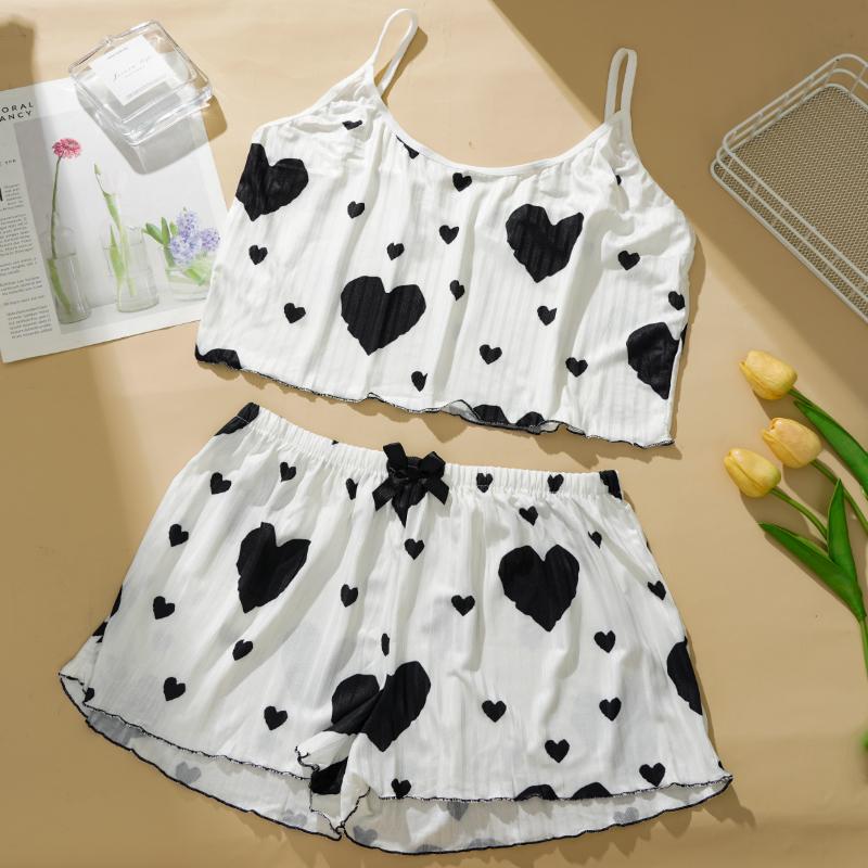 2 Pcs/Set Women Summer Pajamas Suit Adjustable Strap Sleeveless Heart Print Crop Top Shirring Bedroom Sleepwear Set