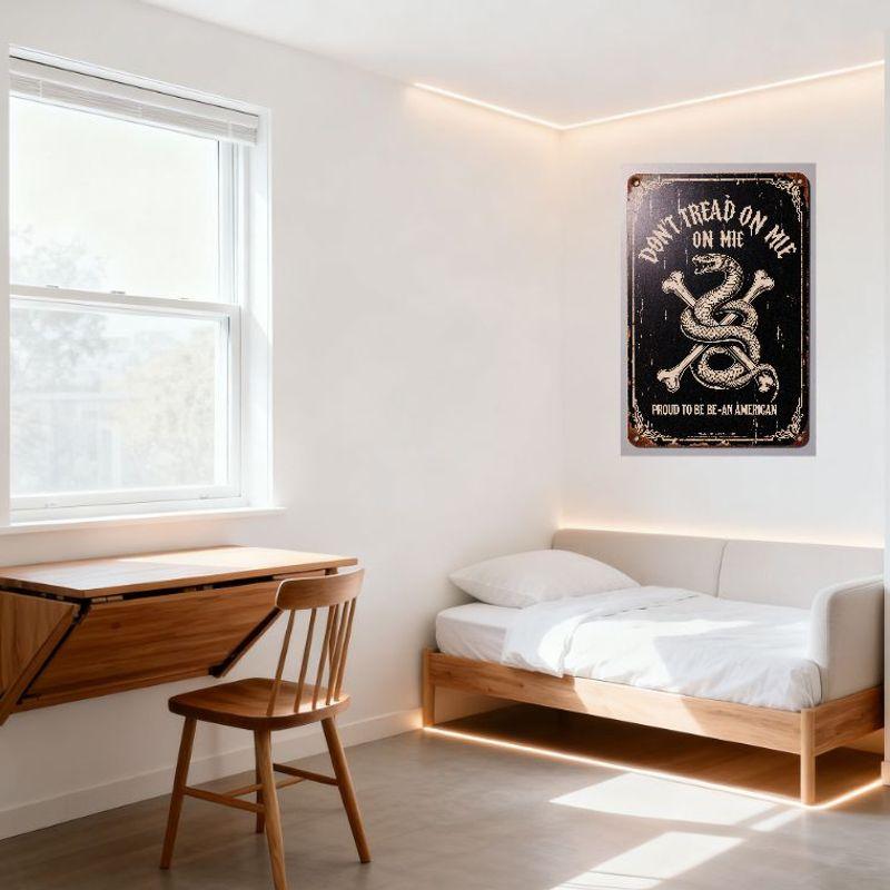 Vintage Metal Tin Sign 'DONT TREAD ON MIE' Rattlesnake & Bones Design 'PROUD TO BE AN AMERICAN' Rustic Decor for Man Cave Bar Ho