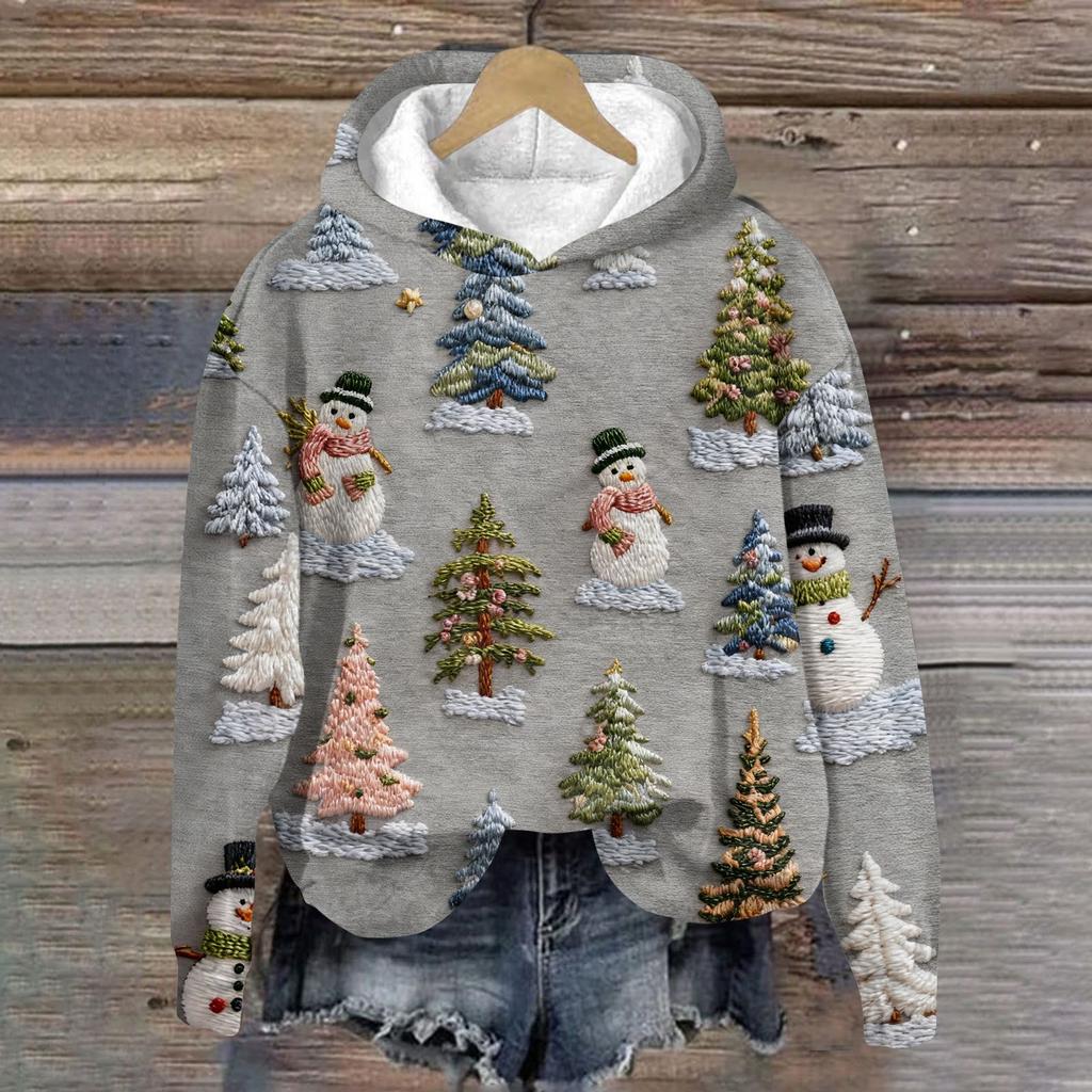 Women's Fashion Long Sleeve Christmas Print Loose Hooded Sweatshirt Top