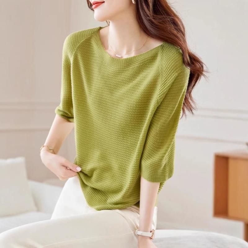 Женская футболка со средним рукавом и круглым вырезом, новая элегантная модель на весну и лето, свободный тонкий вязаный свитер, модный пуловер для женщин