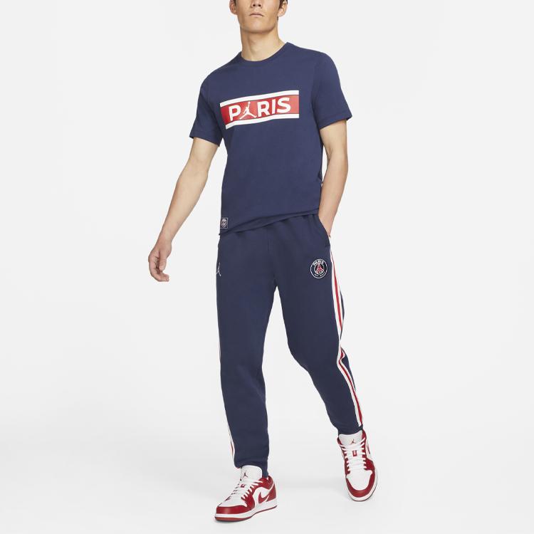 Air Jordan Paris Saint-Germain Wordmark Print Short Sleeve Soccer T-Shirt Men Tops Navy-Blue DB6511-410