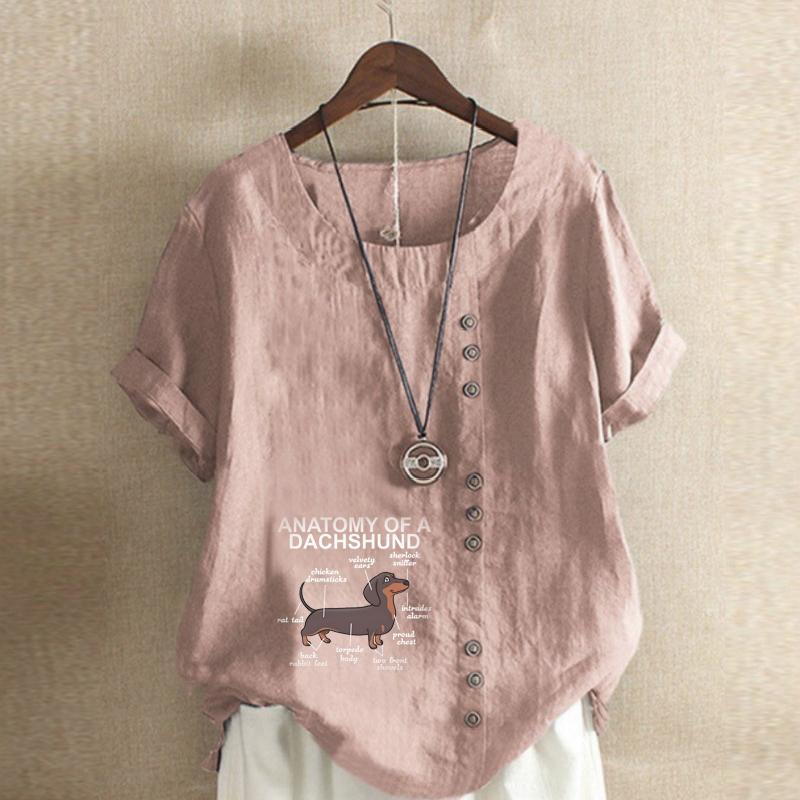 Women's Fashion Round Neck Short Sleeve T-shirt Casual Cotton Linen Graphic Shirt Letter Dog Prined Summer Blouse Tops Plus Size