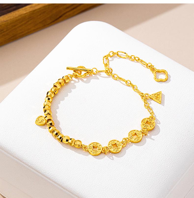 Стильный браслет с древними монетами для женщин – Ретро вьетнамское песочное золото с блестящими бусинами и долговечным сохранением цвета.