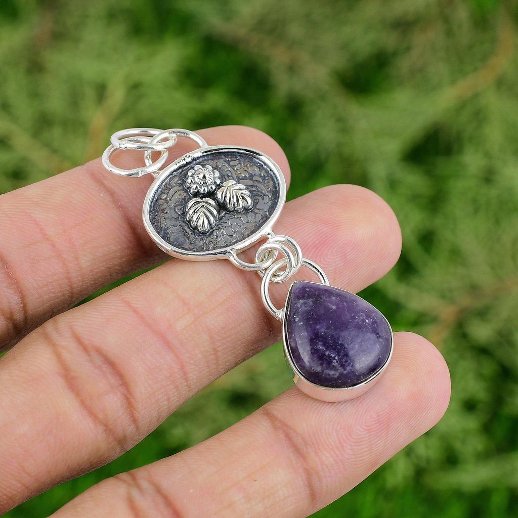 Daughters Day Sale Pear Natural Lepidolite Sterling Silver Bezel Pendant Jewelry