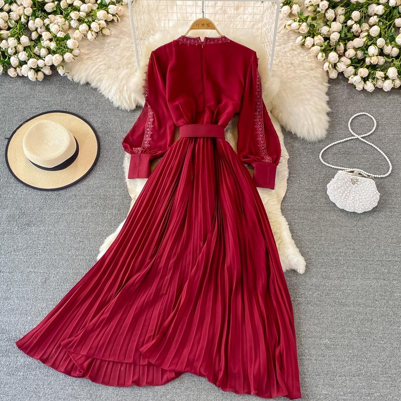 RUGOD Плиссированное платье с v-образным вырезом и вышивкой на талии в этническом стиле, темпераментное большое распашное платье