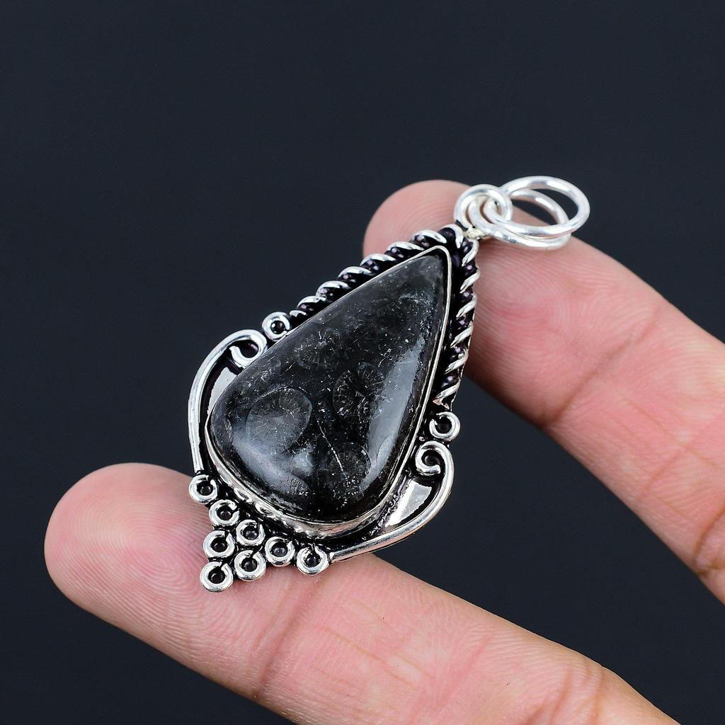 925 Silver Pear Black Fossil Coral Stone Root Chakra Bezel Birthday Wife Pendant