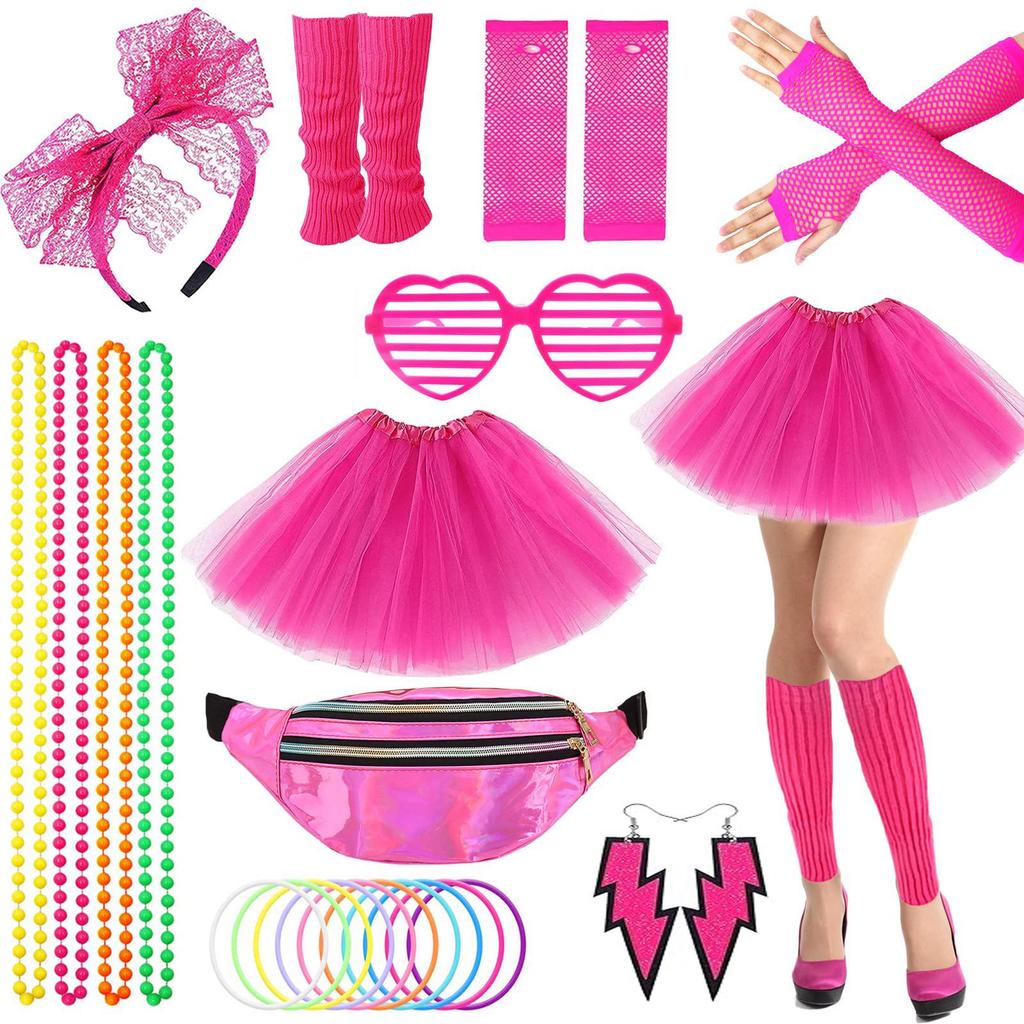 1980s Neon Prom Set: Headband, Earrings, Fishnet Gloves, Leg Warmers, Tutu Skirt